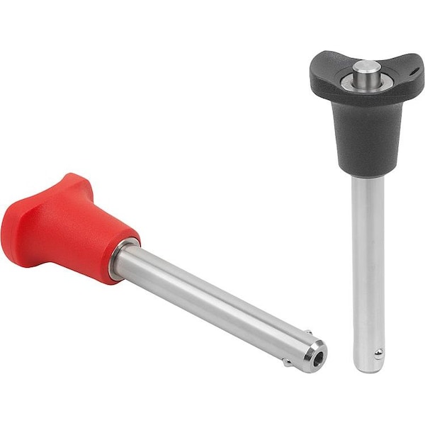 Ball Lock Pin W Mushroom Grip, D1=10, L=20, L1=8, 9, L5=28, 9, Stainless Steel, Comp: Plastic Comp:Red